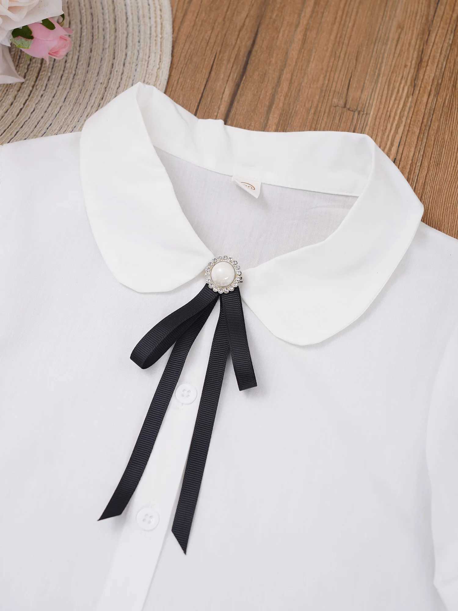 White Kids School Girls Fashion Shirt Cute Short Sleeve Shirt Casual Solid Color Turn-Down Collar Bowknot Blouse Button Tops X250806