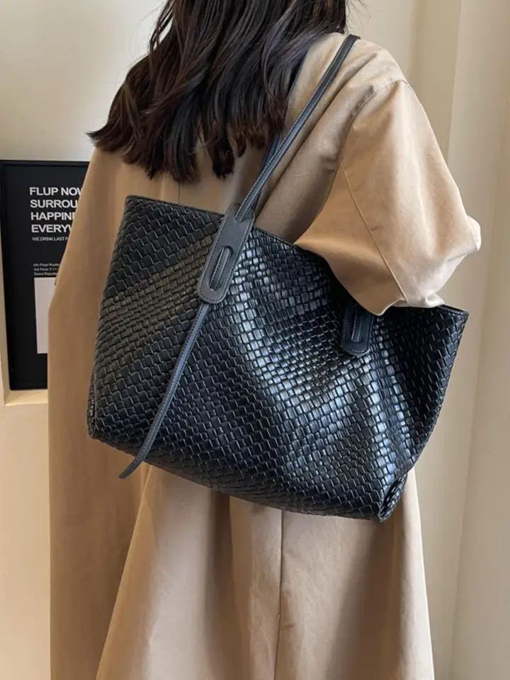 Retro Fashion Classic Solid Color Pu Woven Rhombic Lattice Double Handle Single Shoulder Large Capacity Tote Bag 250806