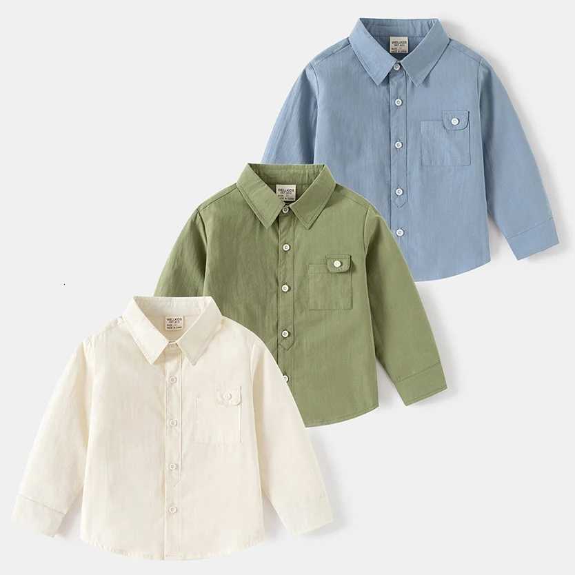 2025 Spring Autumn New 2 3 4 5 6 7 8 Years Handsome Solid Color Cotton Turn Down Collar Long Sleeve Pocket Baby Kids Boys Shirt X250806