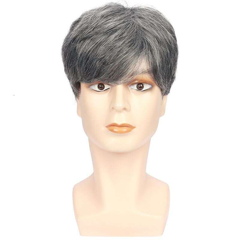 Synthetic Clip-In Men's Gray Side Parted Short Straight Hair Chemical Fiber Headpiece Multi Layered Natural Wig