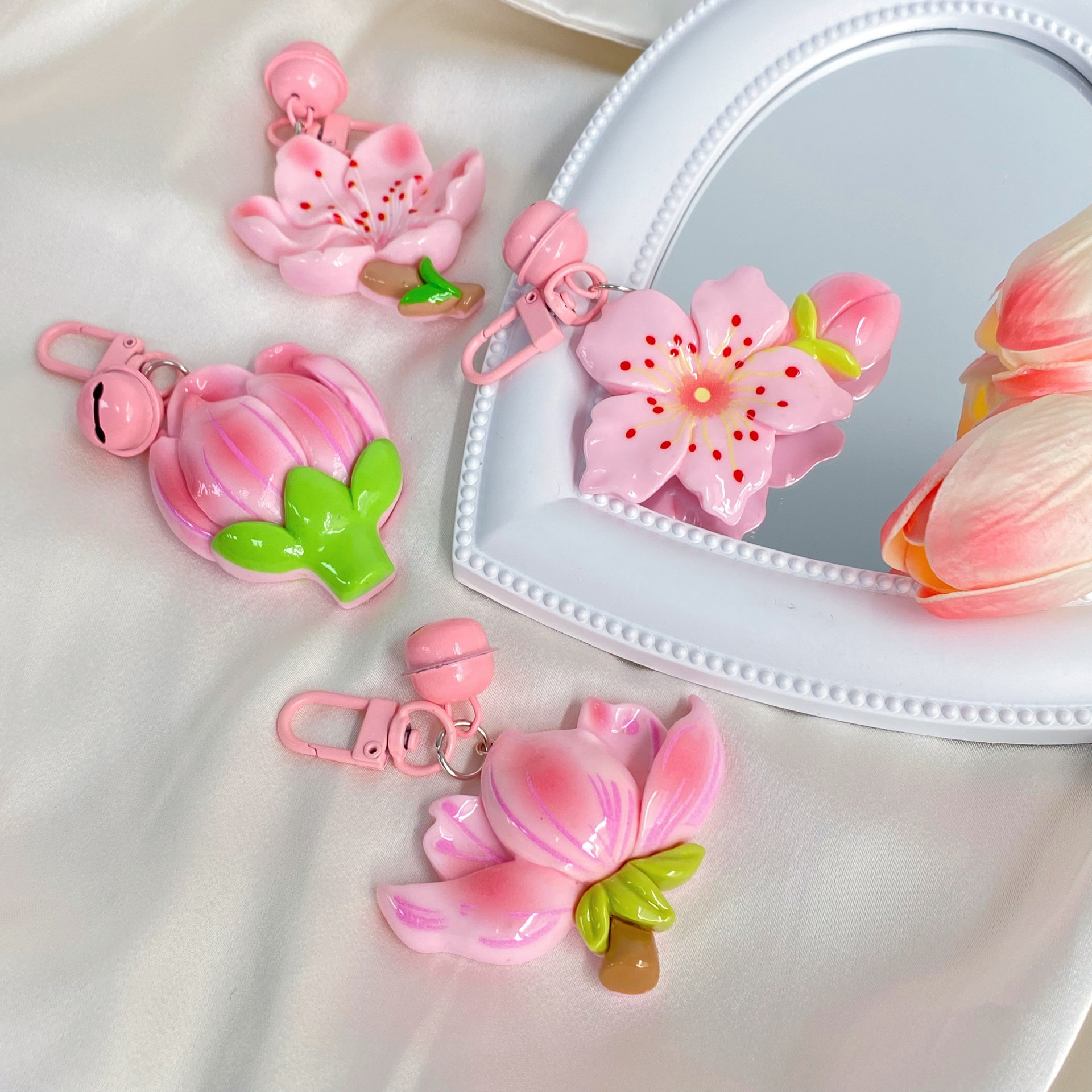 Peach blossoms bloom with bells keychains cute floral pendants girlish hearts backpacks accessories gifts for girlfriends and accessories a wide range
