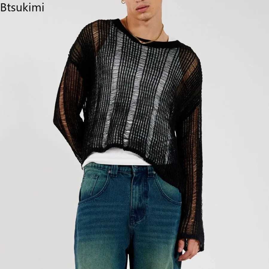 Mens Spring Autumn Sweater Woven Solid Color Mesh Sweater Knit Loose T-Shirt Long Sleeve Sexy T-shirt Fashionable Versatile Top W250806 - view 4
