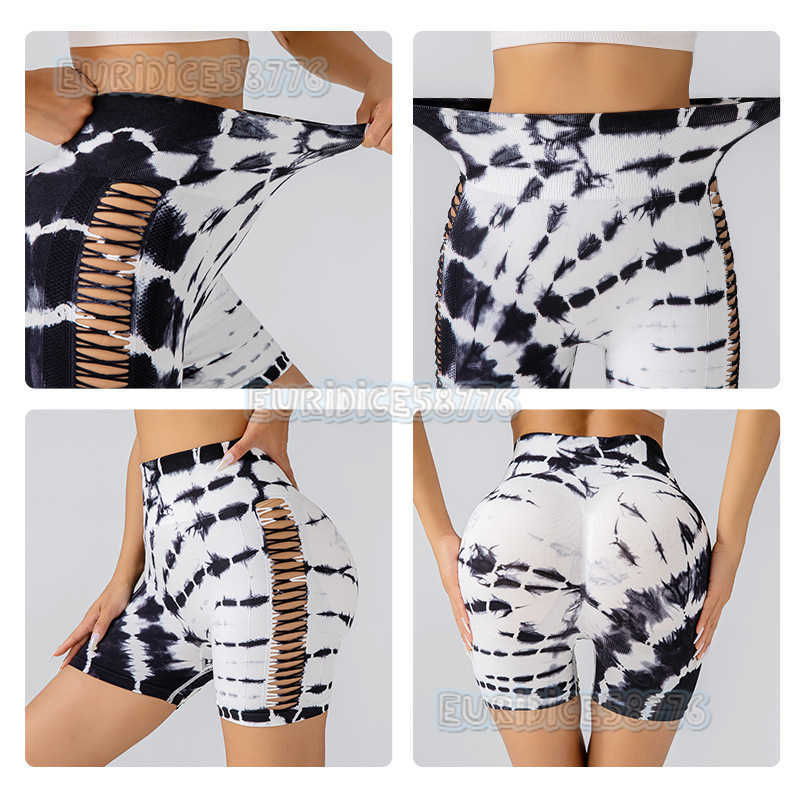 Tie-dye Shorts Side Hollow Tie-dye 3/4 Shorts Hip-lifting Tight Pants Fitness Sports Yoga Pants H250806