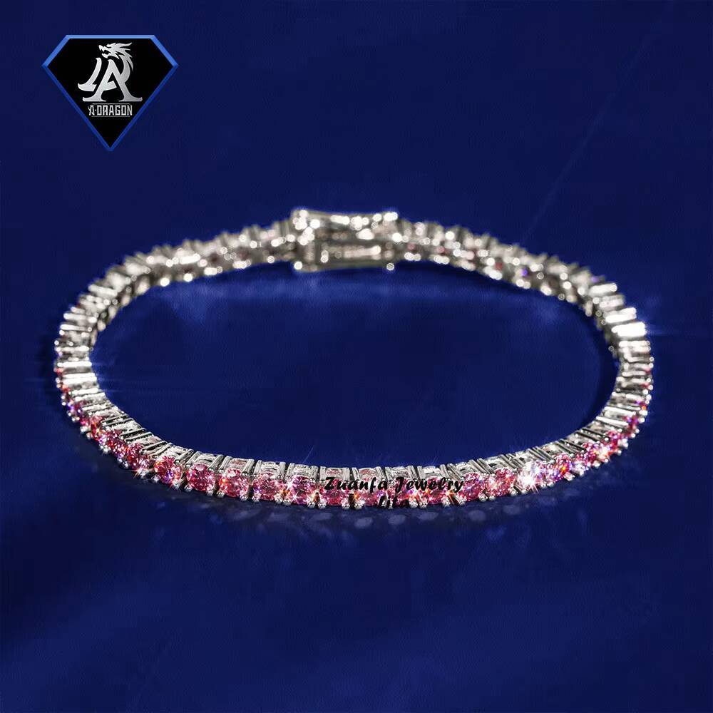 Hot Selling 2mm Sterling Silver Pink Moissanite Tennis Chain Set Includes Necklace and Bracelet for Hip Hop Fans