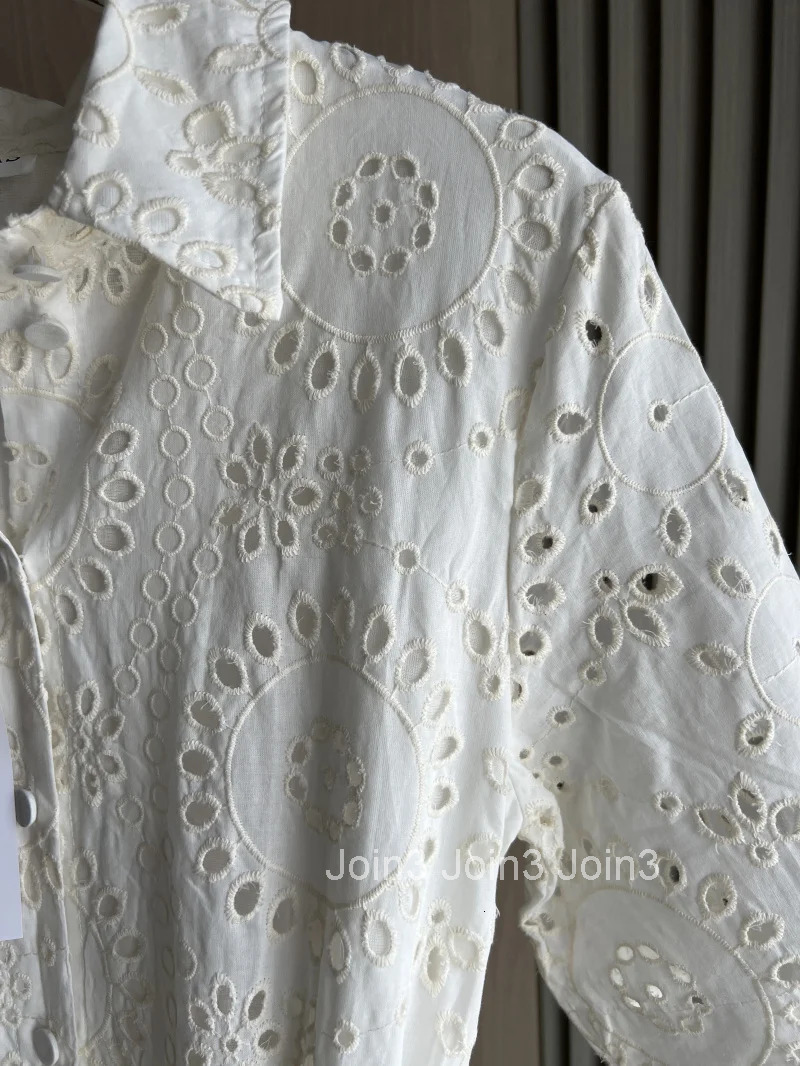 ETJ new TRAF womens elegant fashion hollow embroidery cotton shirt lapel short-sleeved dress temperament long skirt