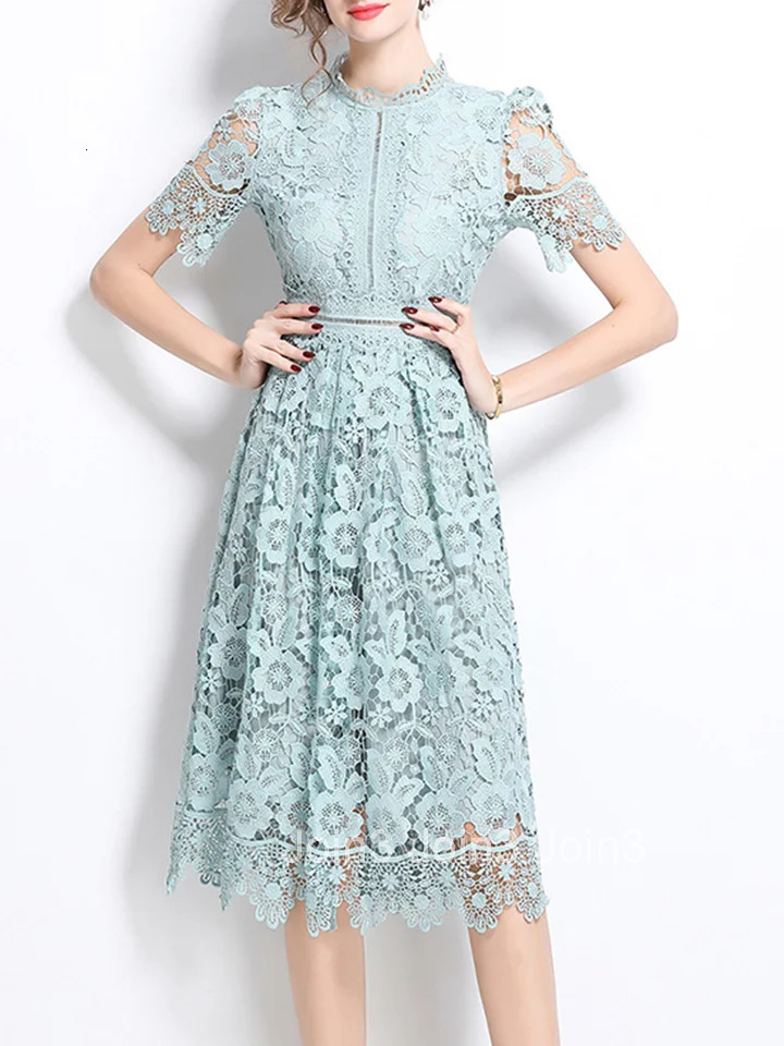 HAM Elegant Lace Hollow Out Midi Dresses Womens Summer O Neck Short Sleeve Casual Long Dress Party Vestidos