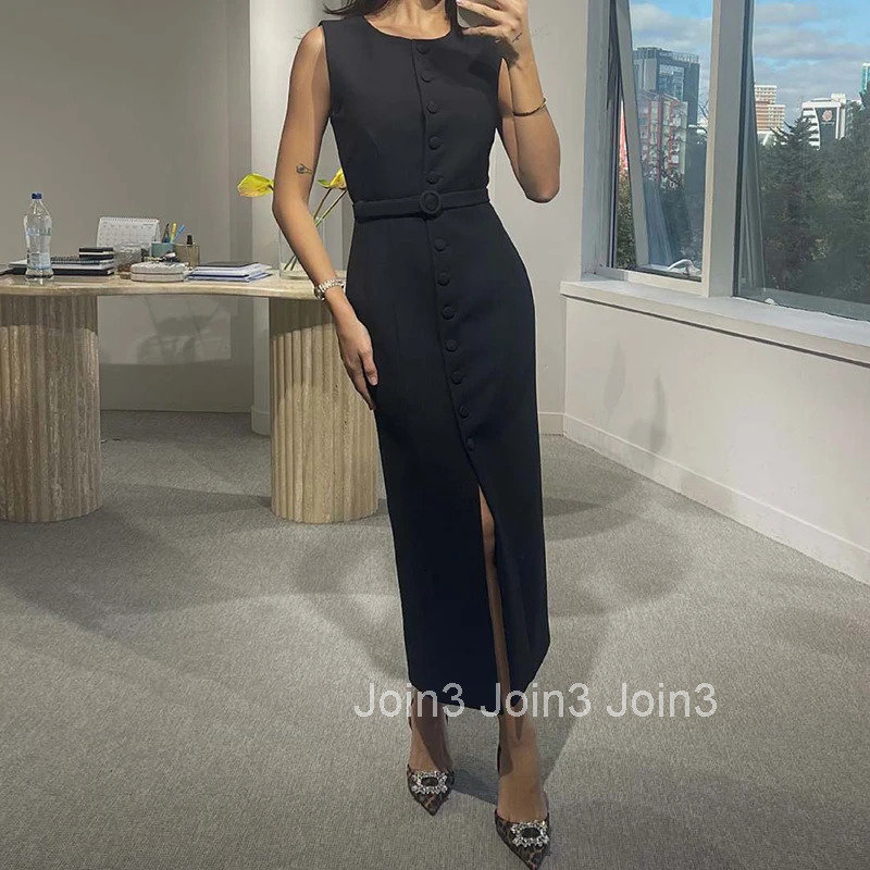 Elegant Temperament Slim Womens A-line Dress Summer Casual O Neck Button Office Dress Simple Solid Color Sleeveless Long Dress