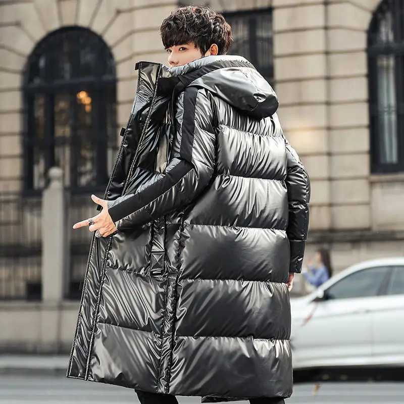 Fashion Men Down Jacket Long Parka Coat 90% White Duck Down Coat Men Winter Outerwear Glossy Jacket Hooded Thick Warm Overcoat W250806
