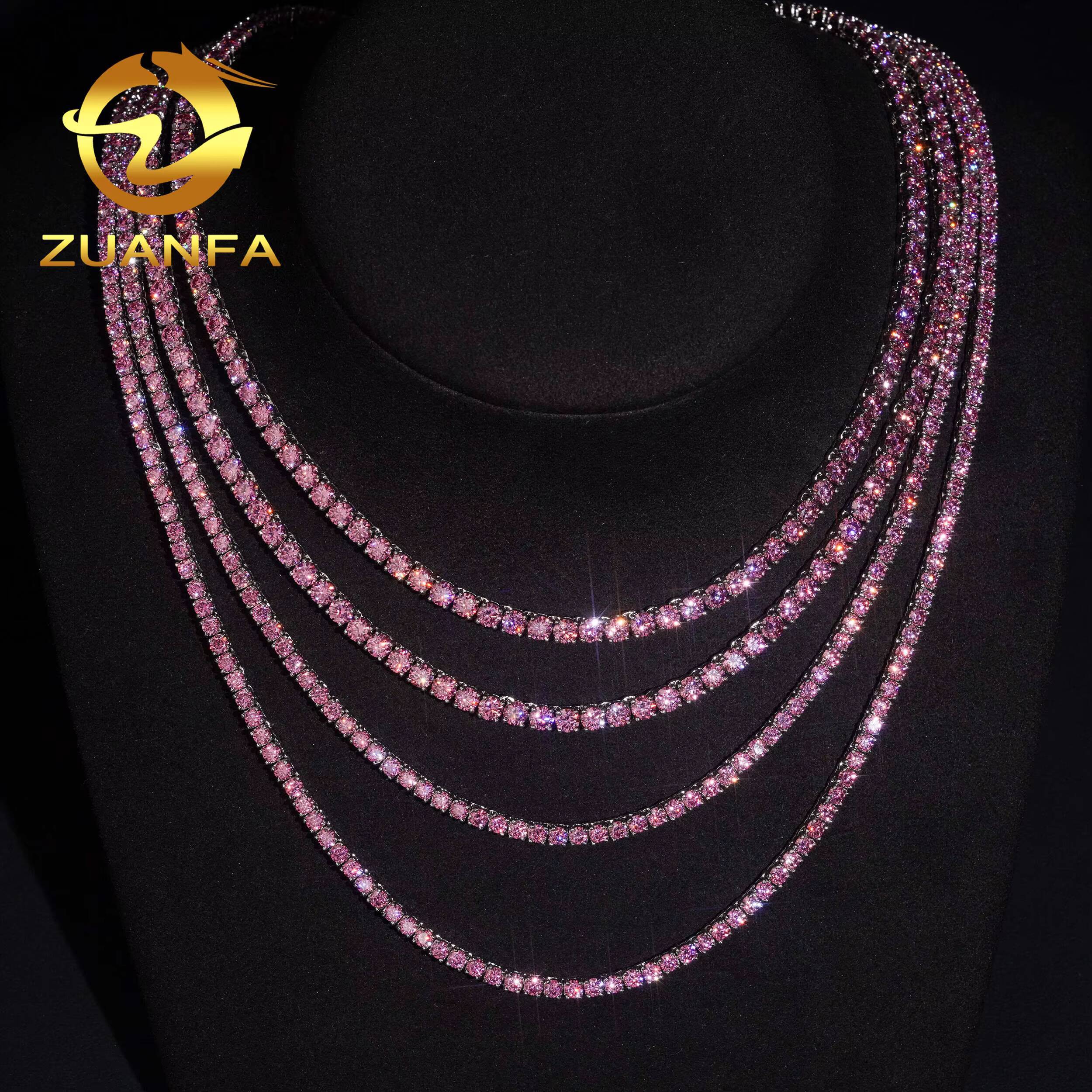 New Stocks Drop Shipping Hip Hop Jewelry Men Necklace Solid 925 Sterling Silver 3MM 4MM Pink Moissanite Diamond Tennis Chain