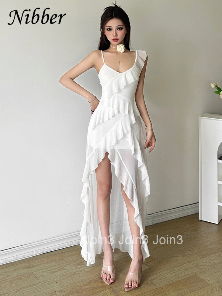 White Sweet Gentle Mature Ruffles Beautiful Summer Street Out WomenS Thin Perspective Tassel Design Long Sling Dress