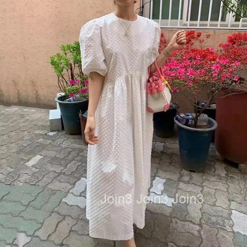 New Women Long Dress Summer Casual O-neck Puff-Sleeve Party Dresses Dots Elegant Female Ladies Loose Vestidos Femme 9941