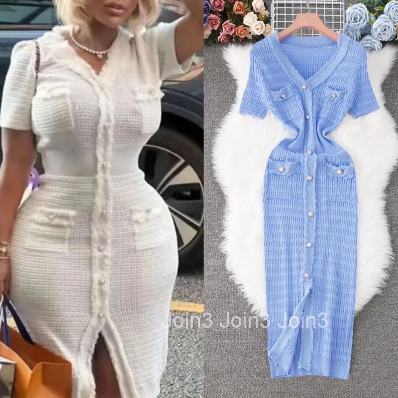 YuooMuoo New Arrival Women Knitted Long Dress Elegant V-neck Single-breasted Split Sweater Dress Office Lady Vestidos