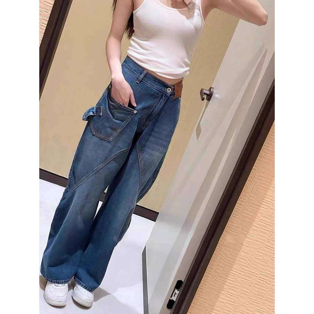 Blue Asymmetric Denim Pants 2025 New Women's Jeans Loose And Comfortable Trendy Ladies Trousers 250806