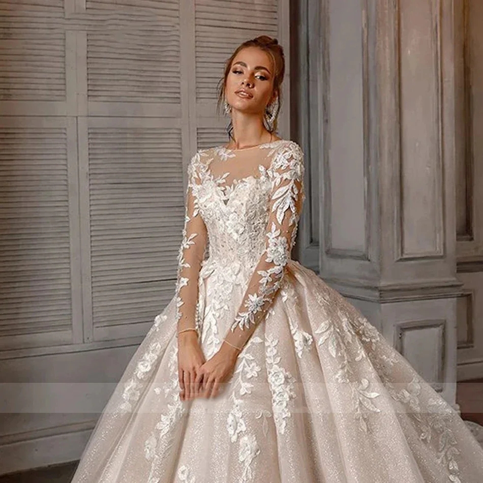 2025 Gorgeous Wedding Dress Hot Women's Elegant Scoop Long Sleeve Lace Applique Sequins Church Bride Bridal Formal Grown Vestidos De Noiva