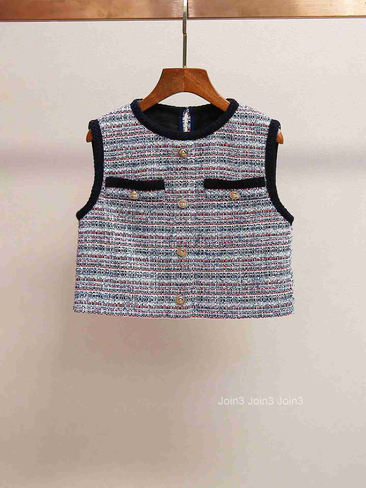 Vintage Tweed Womens Two-Piece Set Dress Round Neck Single Breasted Sleeveless Vest Top or Patchwork A-Line Short Robe
