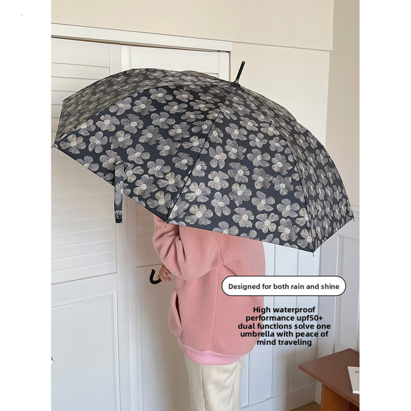 Msho Abstinence Style High-Value Black Flower and Rain UPF50+ Long Handle for Women Foldable Protection UV Sun Umbrella