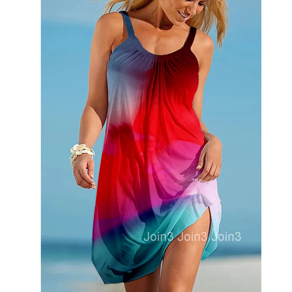 Rainbow Painting Print Womens Fashion Dress Midi Summer Sexy Beach Dress Bohemian Sleeveless Party Dresses Elegant Sundress Hem
