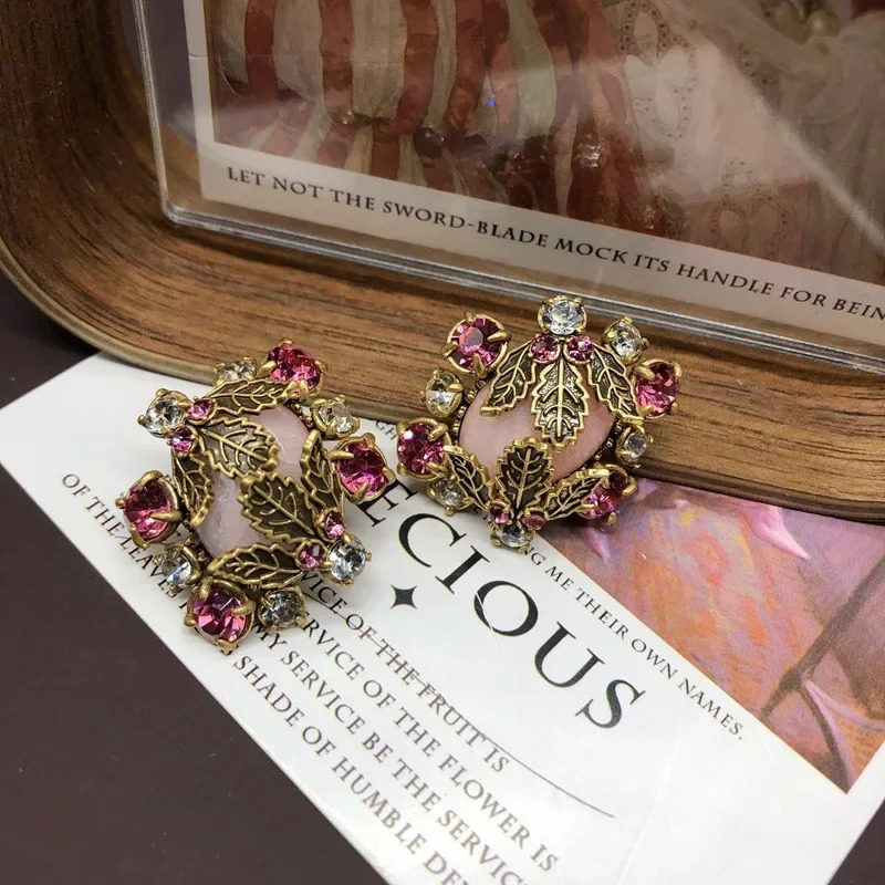 NISHIZAWA Leaf Stud Earrings for Women Pink Gemstones Vintage Sweet Jewelry Style Exquisite Fashion Aretes De Mujer 250729
