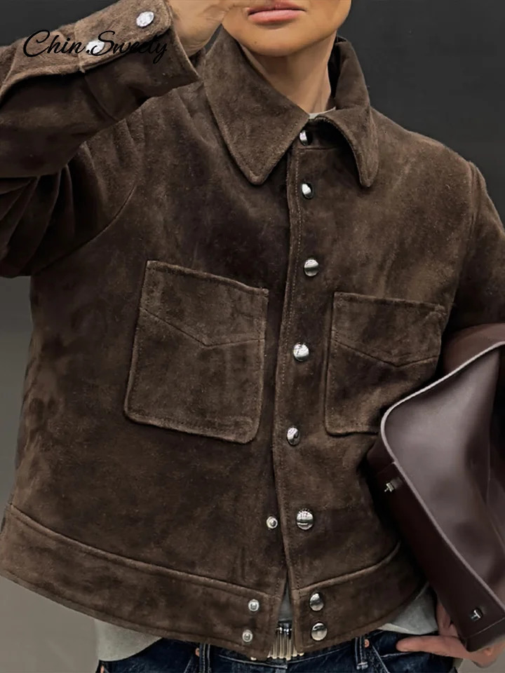 Fashion Womens Brown Jacket Brown Long Sleeve Turndown Collar Button Pocket Shoulder Pad Short Coat Spring Lady Vintage Outwear 250804