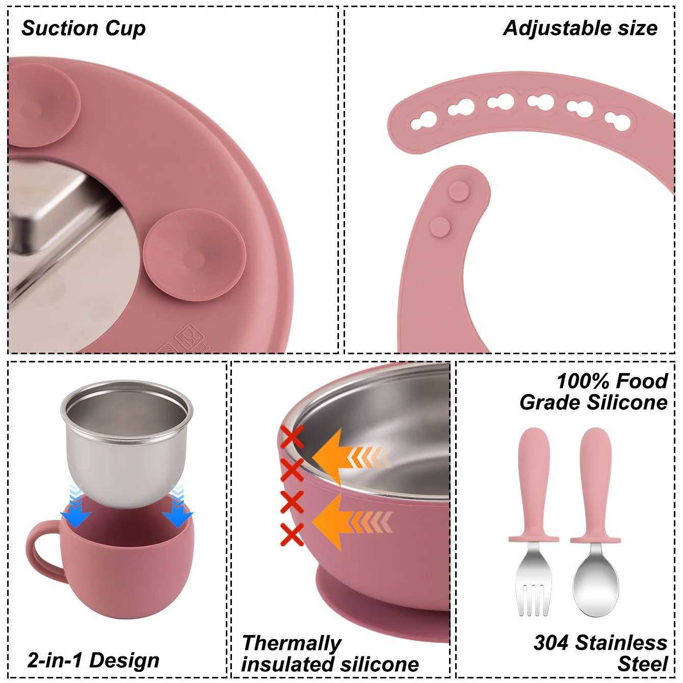 6PCS BPA Free Stainless Steel Silicone Infant Feeding Set Includes Bowl Plate Bib Detachable Design Baby Tableware For Weaning X250806