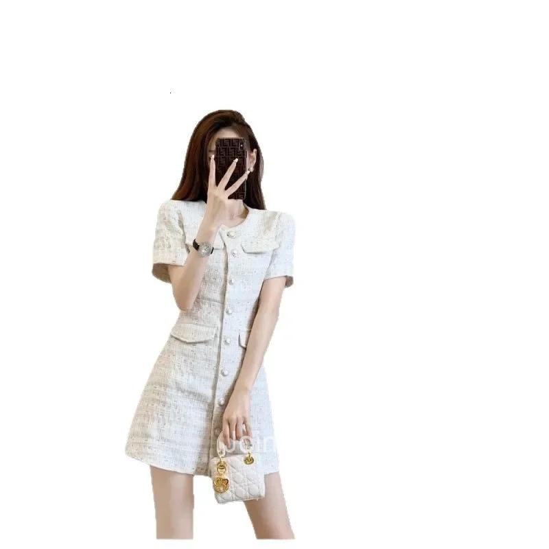 Elegant round Neck Line Mini Dress Womens Summer Slimming Waist Design Single Button Closure White Color Fashionable Style