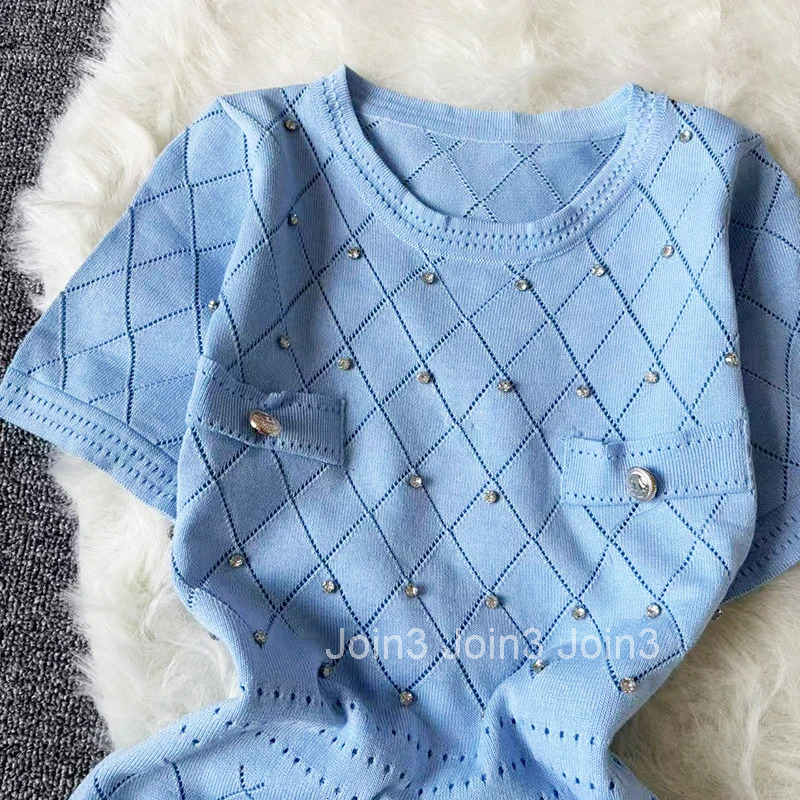 Summer Beading Summer Womens Knitting Sheath Short Sleeve Dress Female Bodycon Knitted Solid Mini Dresses For Woman Outfits