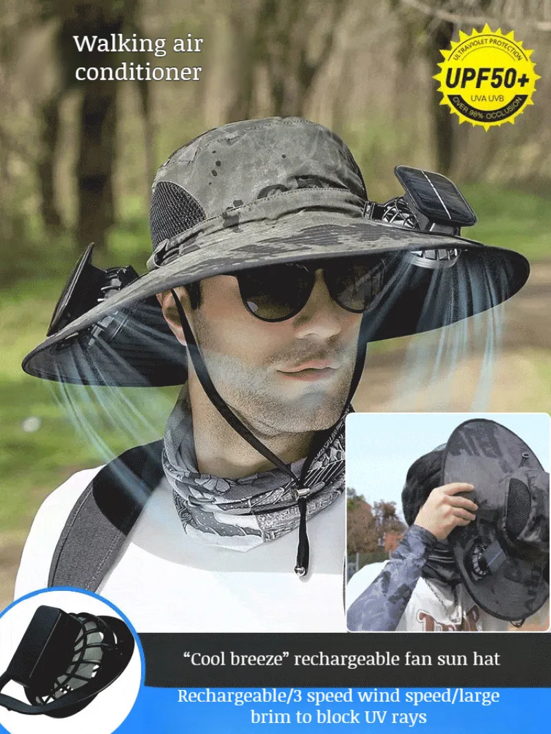 Summer mens outdoor large wind removable embedded sunscreen visor hat double fan fisherman hat 250805