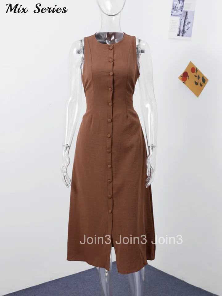 Elegant Sleeveless Long Dress Womens Slim Solid O-neck Single Breasted A-Line Dresses Summer New Ladies Fashion Robes