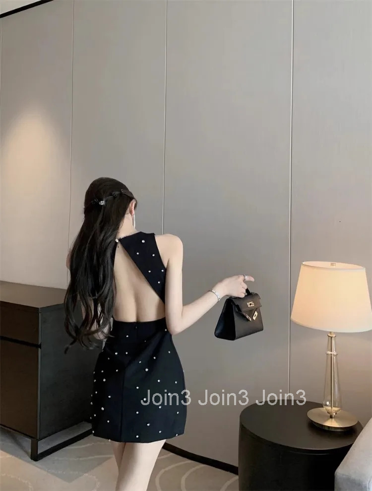 Woman Dress Sleeveless Rhinestone Slim Backless Vintage French Style Summer New Elegant Party Dresses Vintage Ladies