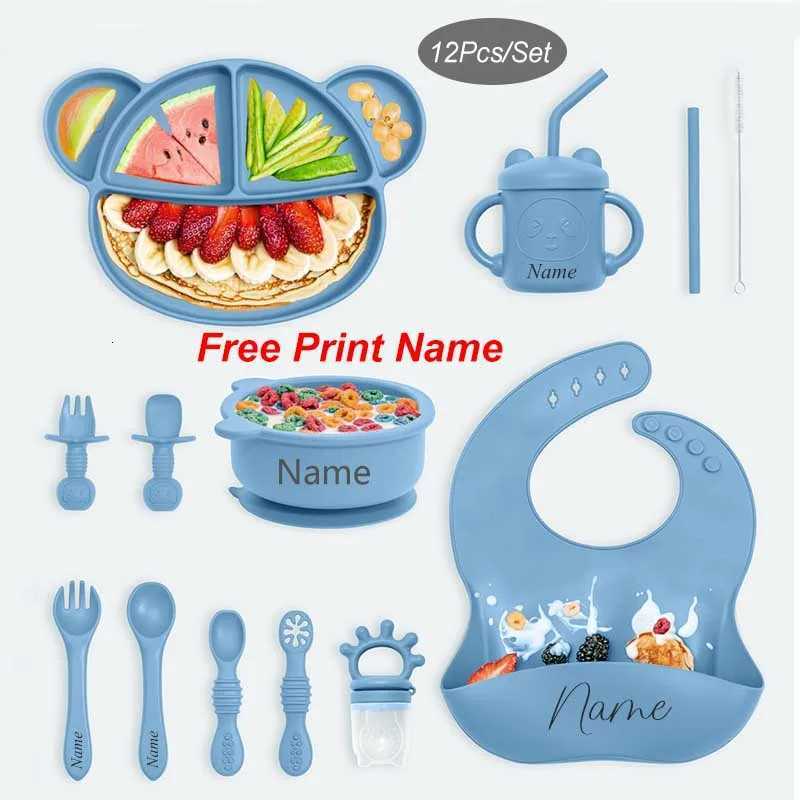 12Pcs Kids Silicone Tableware Personalized Name Baby Feeding Plate Bear Bowl Spoon Fork Customized Newborn Gift Children Dish X250806