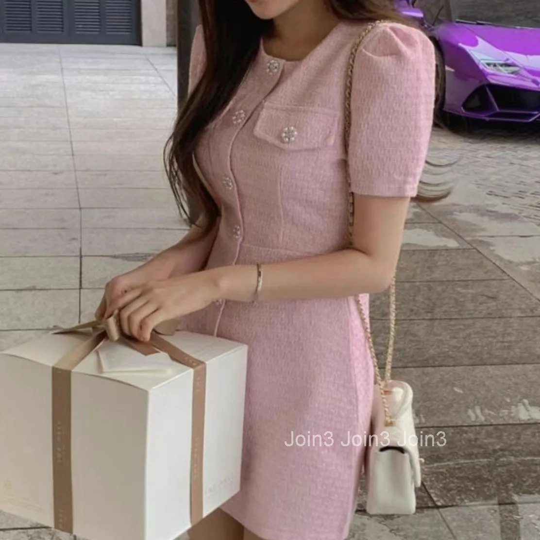 Chic Tweed ort Dr Womens Slim Fit Single Button Bubble Sve Korean Sle Dr Summer Commute Pure Color round Ne X...