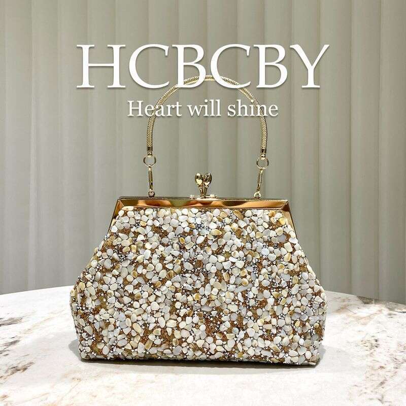 Gold Stone Shell Decorated Handbag Women's Fashionable Elegant Evening Clutch Dress Bag
