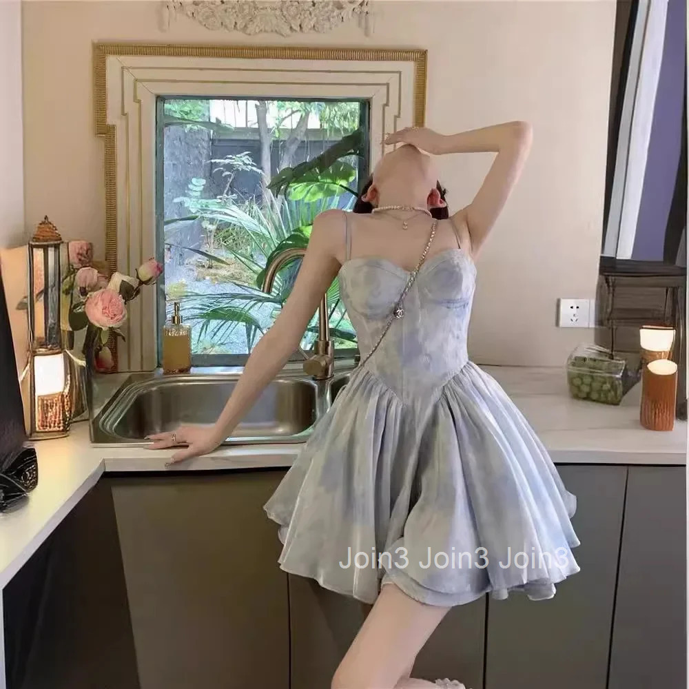 Summer French Style Pure Desire Strapless Princess Ball Gown Dress Womens Sleeveless Waist-Cinched Mini Dress Elegant