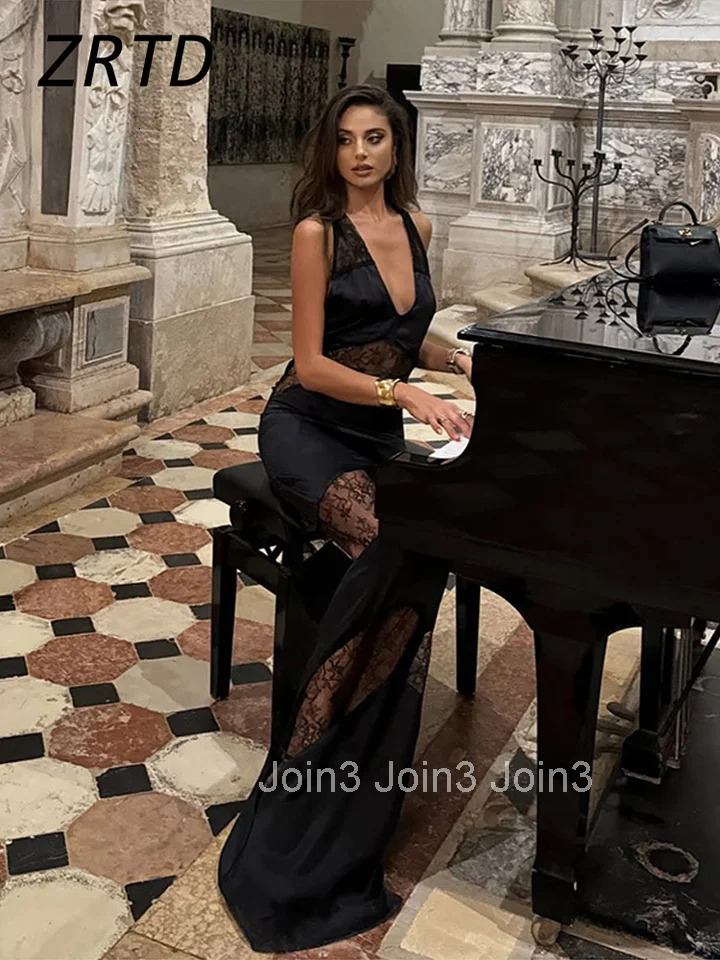 Elegant Lace Spliced Halter Long Dress Women Sexy Backless See Through Female Party Dresses Summer Lady Chic Evening Gowns