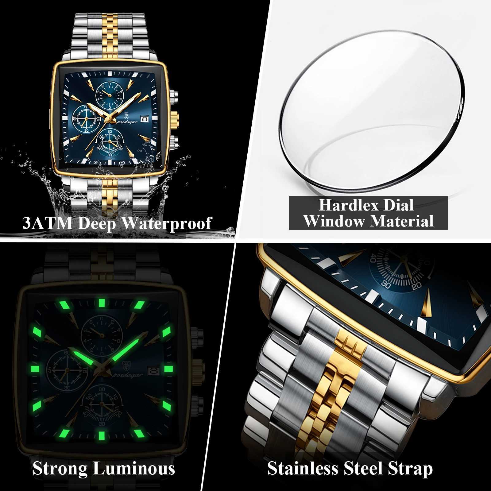 POEDAGAR Top Fashion Mens Luminous Waterproof Stainless Steel Mens Chronograph Date Military Quartz Mens Wristwatch W250806