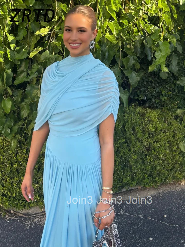 Elegant Shawl Collar Long Party Dress Pleated Sleeveless Asymmetric Female Dresses Spring Summer Lady Solid Evening Gowns