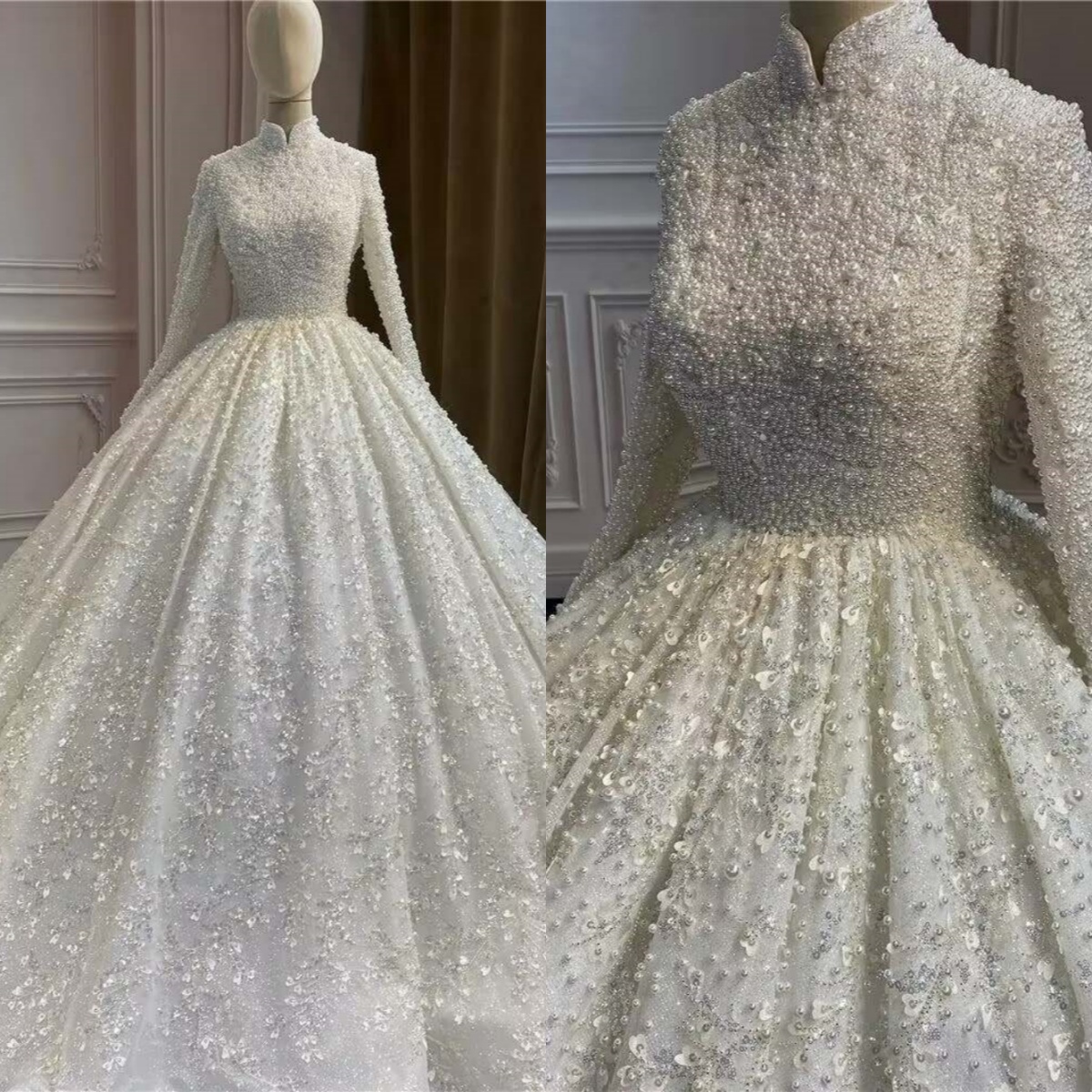 Muslim High Neck Ball Gowns Wedding Dresses Pearls Sequins Long Sleeve Bride Dress Luxurious Sweep Train Bridal Dress Customized