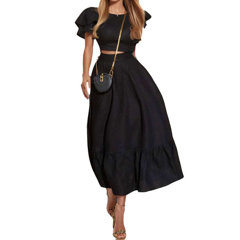 New Women's Solid Color Flutter Sleeve Short Top And Skirt Fashion Two-Piece Set For Women B5