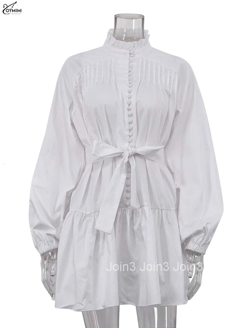 Elegant White Cotton Womens Dress Casual Ruffled Collar Long Sleeve Single Breasted Dresses Fashion Lace-Up Mini Dresses