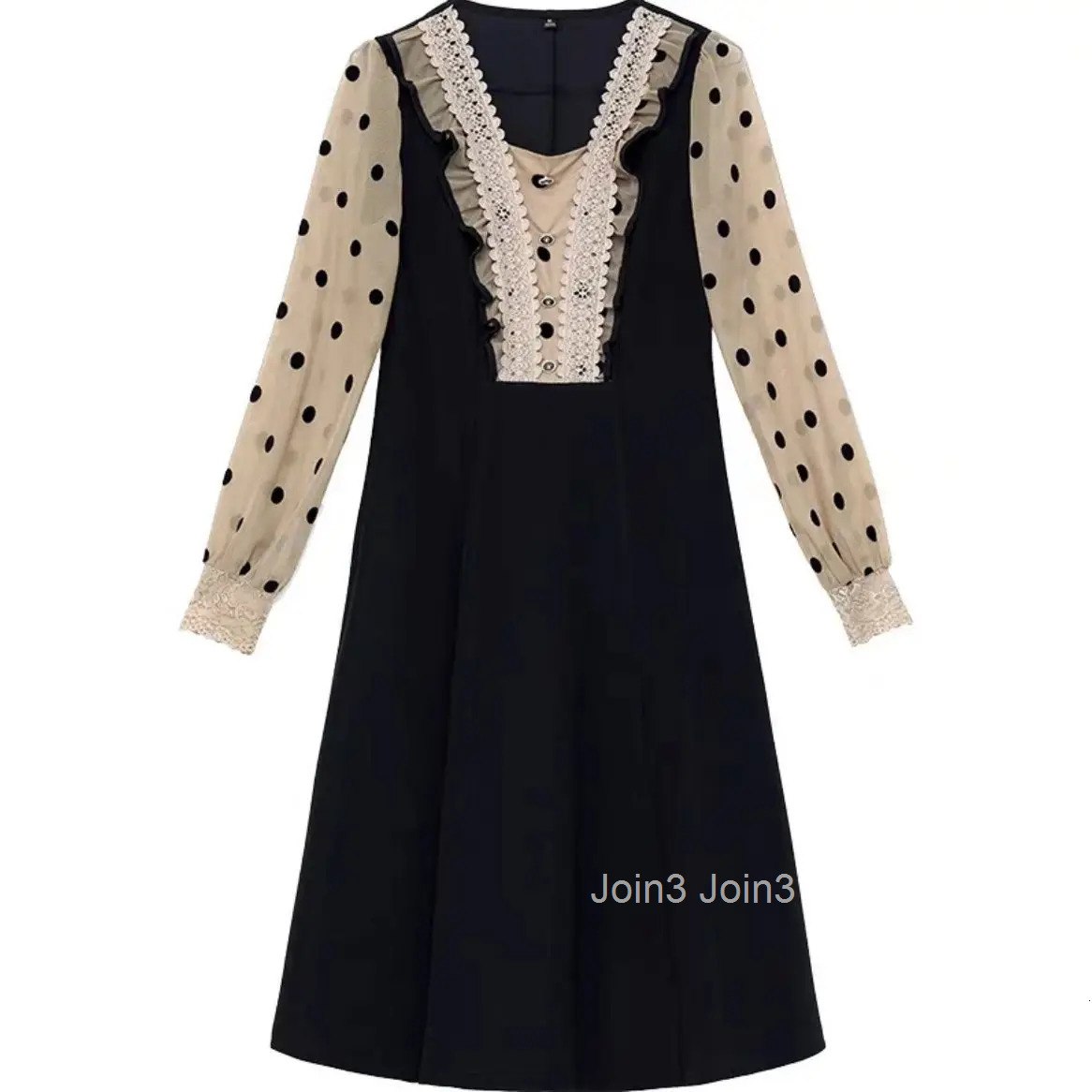 Stylish Polka Dot Spliced Lace Midi Dress Spring Autumn A-Line Waist Basic Female Clothing Elegant Square Collar Ruffles Dresses