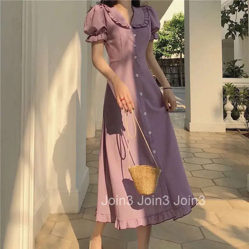 French Vintage Unique Womens Dress Baby Collar Mid-Length Korean Style Slimming Waist Summer Long Skirt Elegant Gown