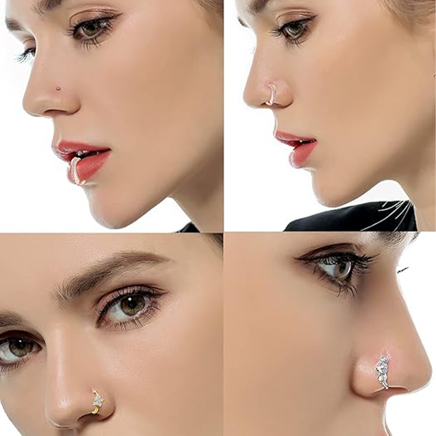 10Pcs Nose Ring Hoop Paved Flower Leaf Feather CZ Cartilage Earrings Nose Piercing Jewelry for Women Men Silver Gold Rose Gold Tone 20G