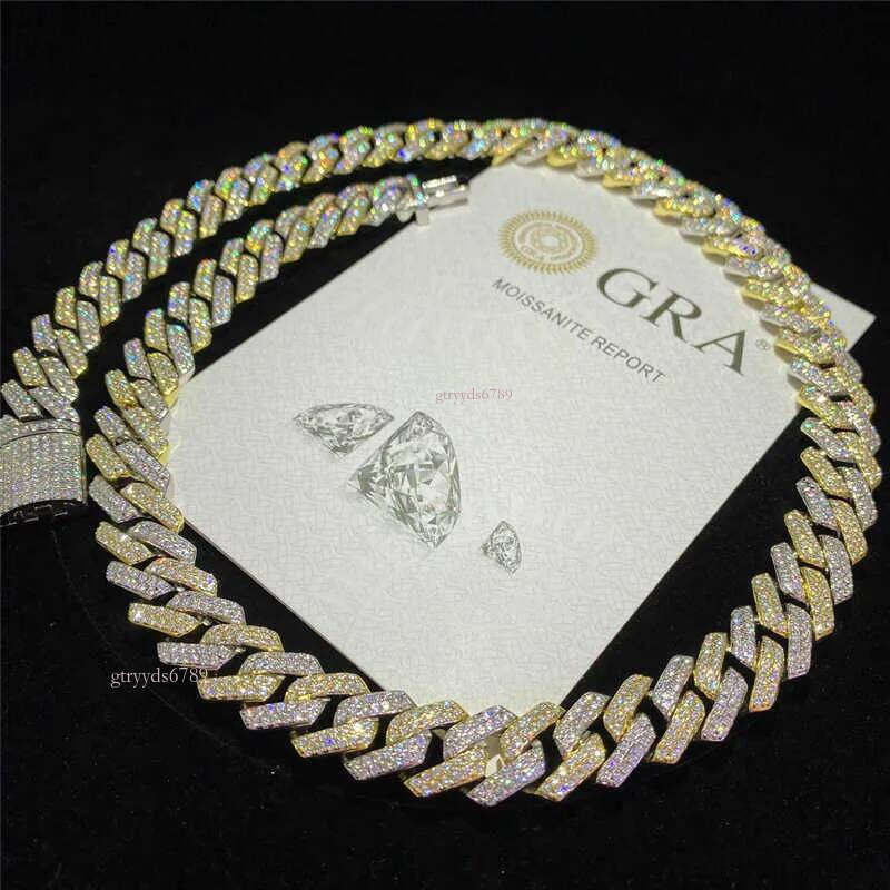 Passed the 100% dia test14mm Two Tone Vvs Necklace Sterling Sier Hip Hop Jewelry Moissanite Dia Cuban Link Chain