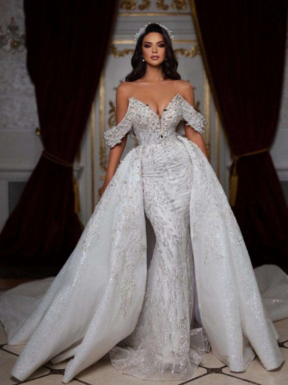 Luxury Pearls Mermaid Wedding Dresses Crystal Sequins Off Shoulder Bride Dress Detachable Sweep Train Bridal Dress Customized