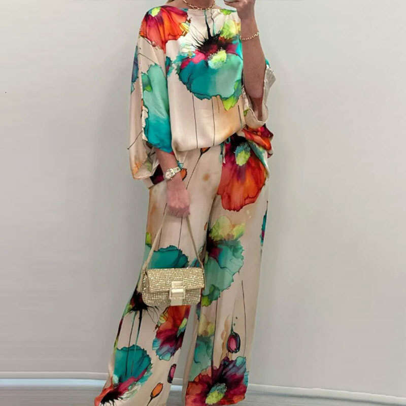 Summer New Urban Elegant Off-Shoulder Loose Printed Batwing Sleeve Drawstring Long Pants 661 B5