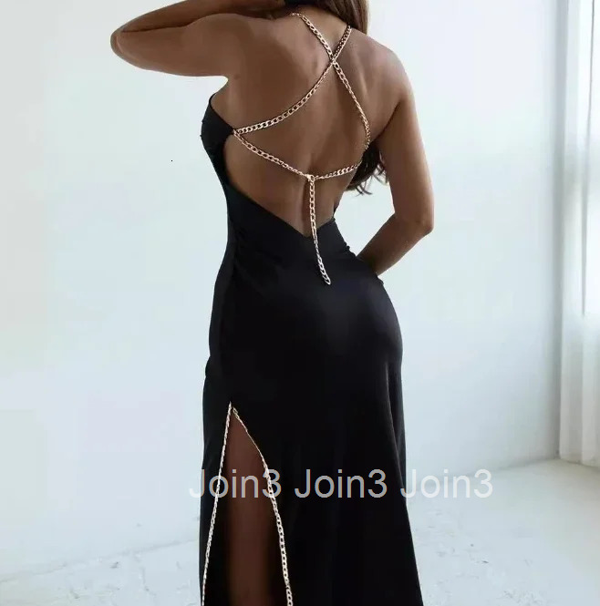 Dress Woman Elegant Evening Sexy Party Dresses Fashion Casual Backless Black Chain Side Slit Suspender Long Skirt Summer