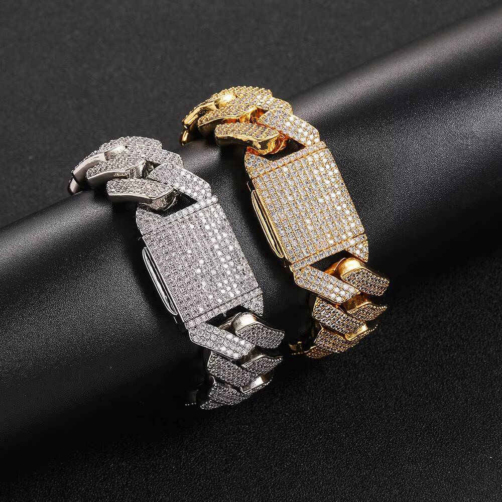 10MM OEM ODM Gold/sliver Iced Out Copper Lozenge Cuban Link Chain Bracelet Hip Hop Jewelry for Men Women-for Parties Birthday Gifts
