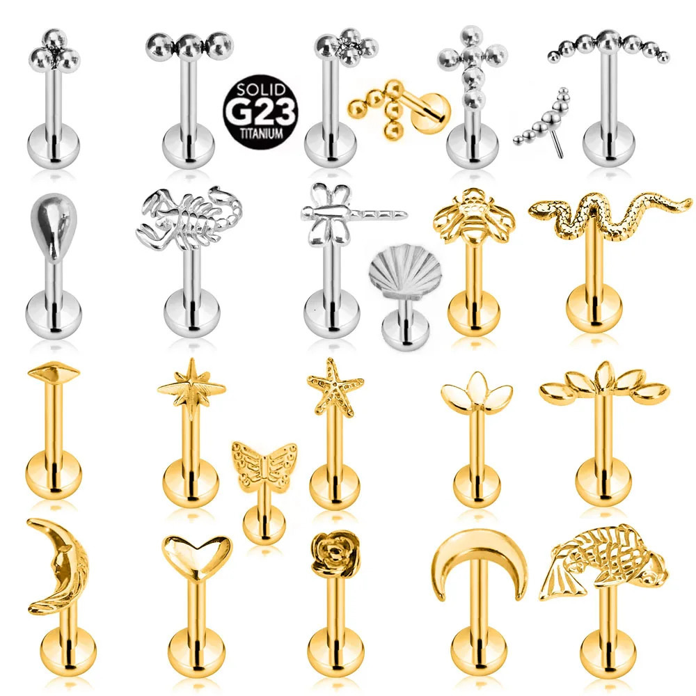 ASTM 36 G23 Snake Bee Drop Threadless Piercing Moon Cross Push in Labret Stud Flower Leaf Pin Daith Conch Earring 16G 250805