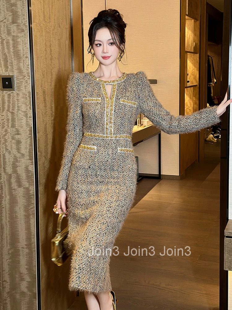 Women Clothes Vintage Luxury Tweed Formal Dress Female Elegant Fashion Business Party Vestidos Hollow Diamond Professional Robe