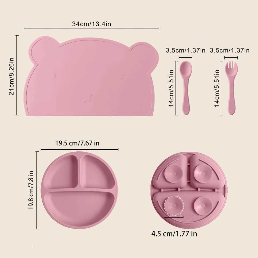 Color Kids Silicone Sucker Dishes Plate Spoon Fork Set Dinner Set Feeding Placemat For Toddler Meals Tableware Babies Items X250806